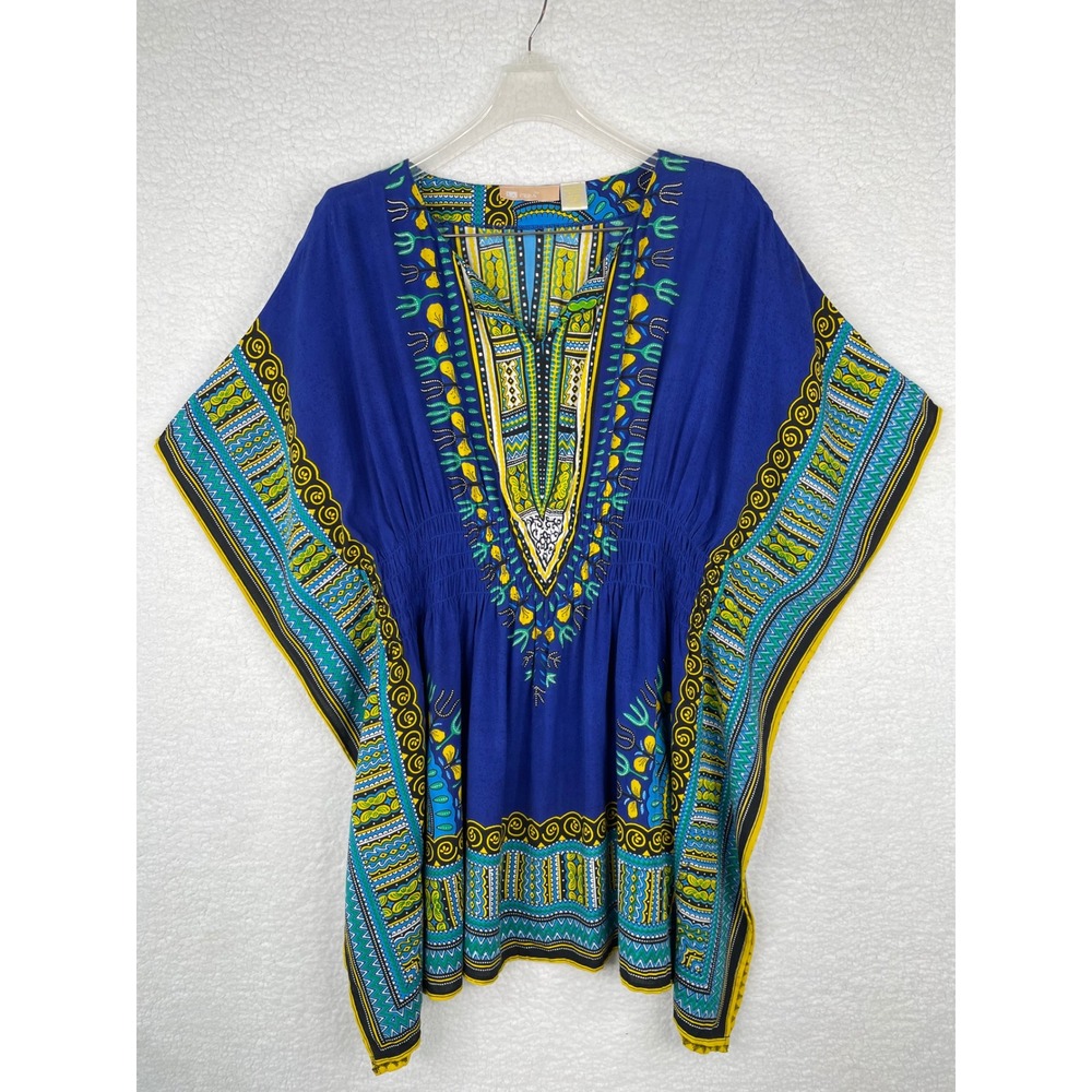 La Cera‎ Blue Dashiki Kaftan Top Smocked Waist Rayon Boho One Size Fits Most